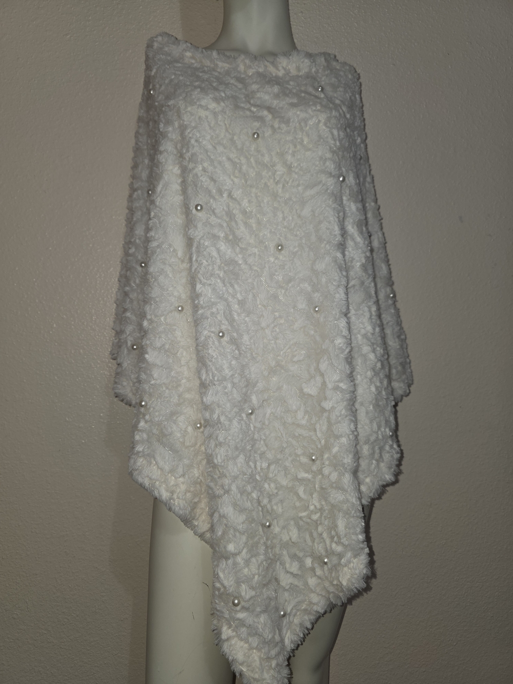 Lemite White Pearl Embellished Fuzzy Knit Poncho Cape One Size